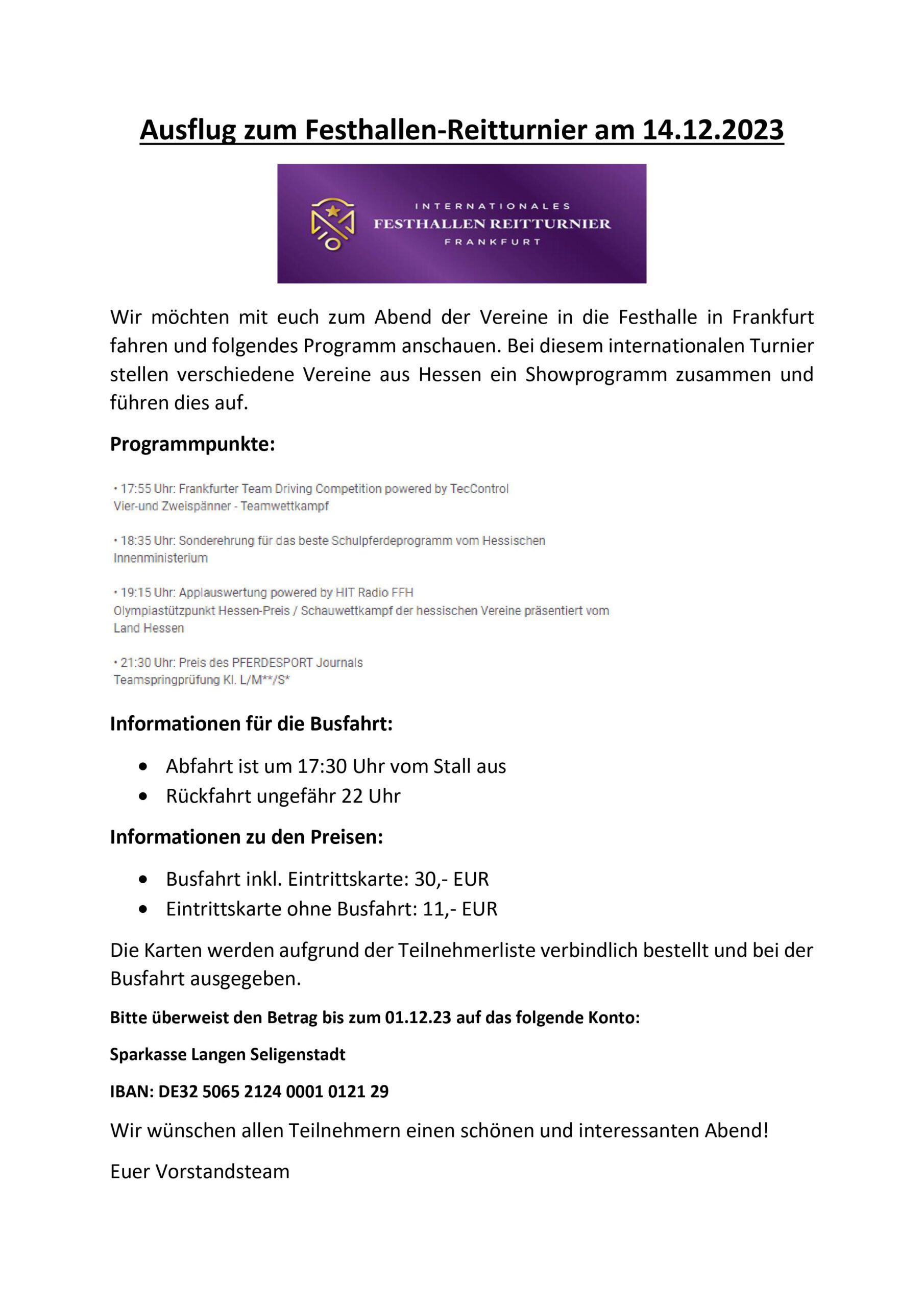 Ausflug zum Festhallen-Reitturnier am 14.12.2023